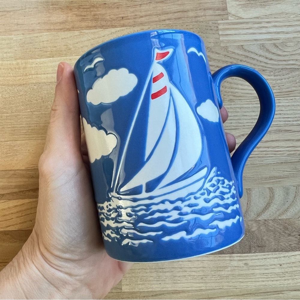 Vintage blue and white sailboat mug